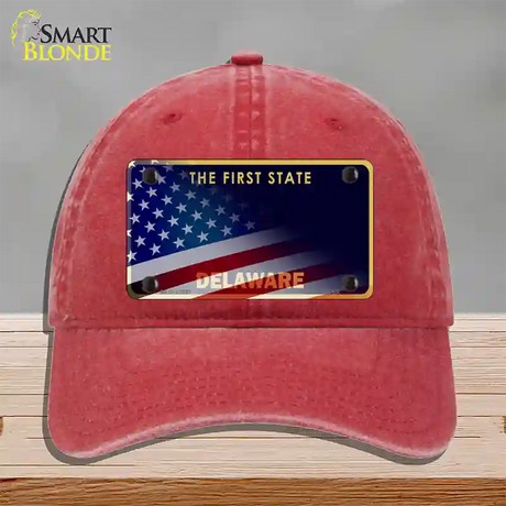 Delaware with American Flag Novelty License Plate Hat Unconstructed Cotton / Red