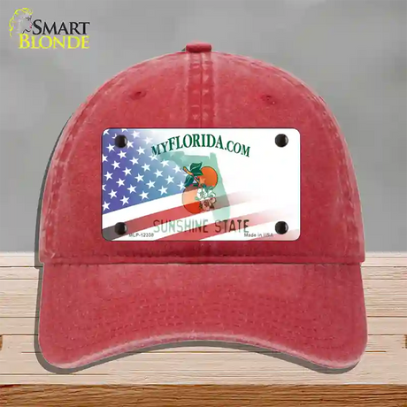 Florida with American Flag Novelty License Plate Hat Unconstructed Cotton / Red