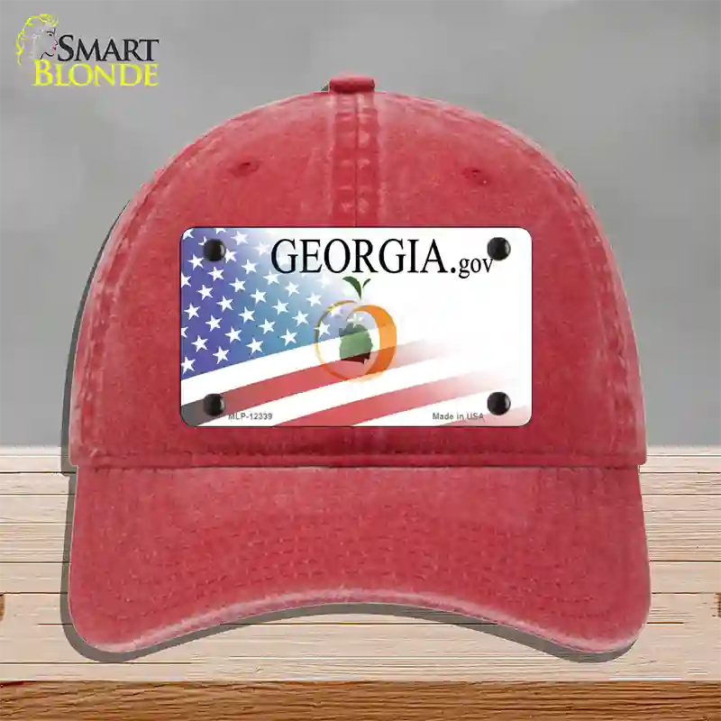 Georgia with American Flag Novelty License Plate Hat Unconstructed Cotton / Red