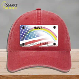 Hawaii with American Flag Novelty License Plate Hat Unconstructed Cotton / Red