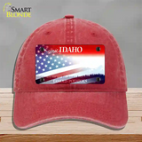 Idaho with American Flag Novelty License Plate Hat Unconstructed Cotton / Red