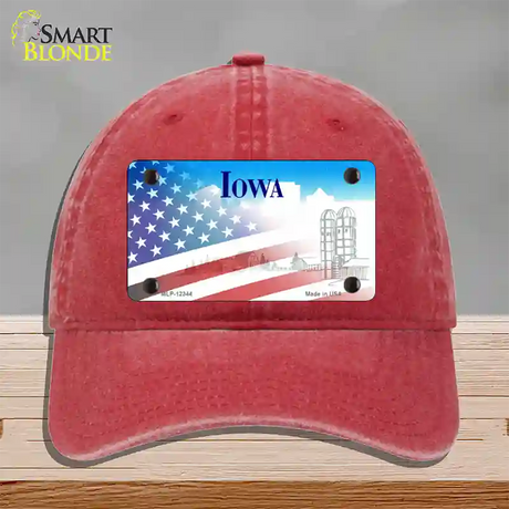 Iowa with American Flag Novelty License Plate Hat Unconstructed Cotton / Red