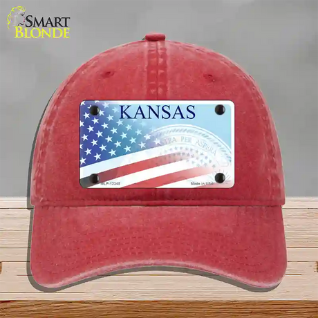 Kansas with American Flag Novelty License Plate Hat Unconstructed Cotton / Red