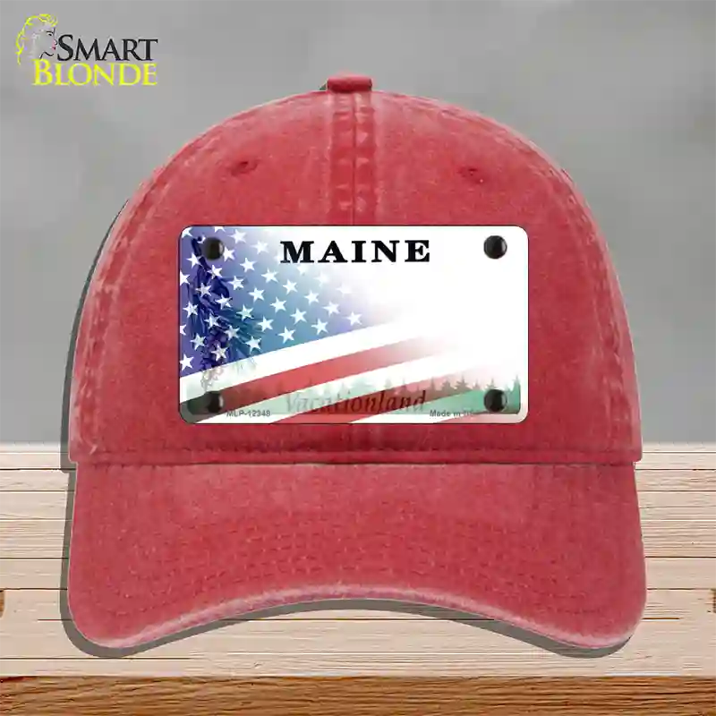 Maine with American Flag Novelty License Plate Hat Unconstructed Cotton / Red