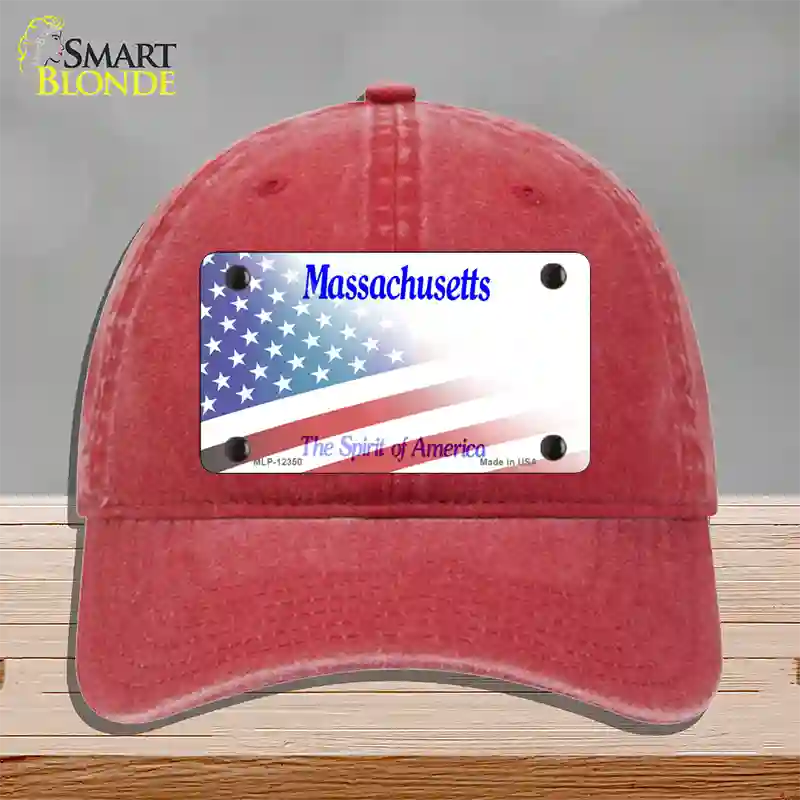 Massachusetts with American Flag Novelty License Plate Hat Unconstructed Cotton / Red