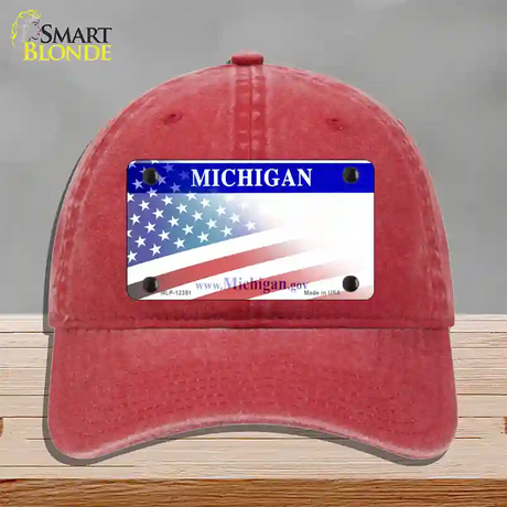 Michigan with American Flag Novelty License Plate Hat Unconstructed Cotton / Red