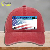 Minnesota with American Flag Novelty License Plate Hat Unconstructed Cotton / Red