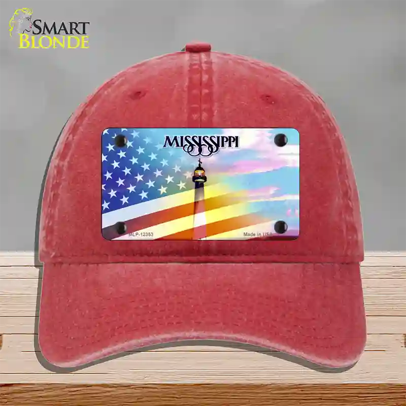 Mississippi with American Flag Novelty License Plate Hat Unconstructed Cotton / Red