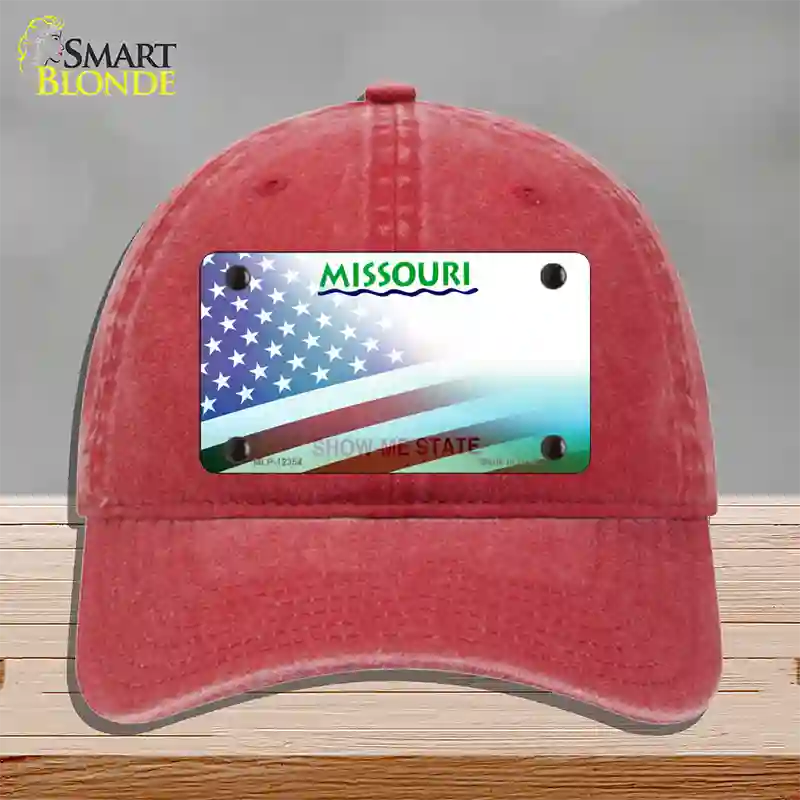 Missouri with American Flag Novelty License Plate Hat Unconstructed Cotton / Red