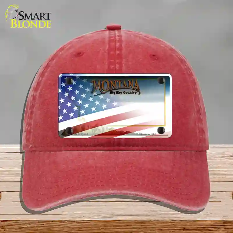 Montana with American Flag Novelty License Plate Hat Unconstructed Cotton / Red