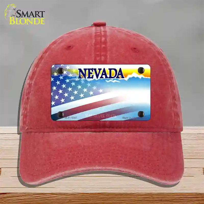 Nevada with American Flag Novelty License Plate Hat Unconstructed Cotton / Red