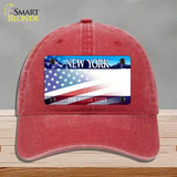 New York with American Flag Novelty License Plate Hat Unconstructed Cotton / Red