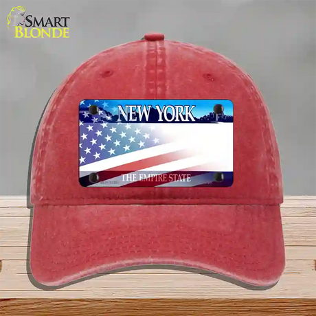 New York with American Flag Novelty License Plate Hat Unconstructed Cotton / Red