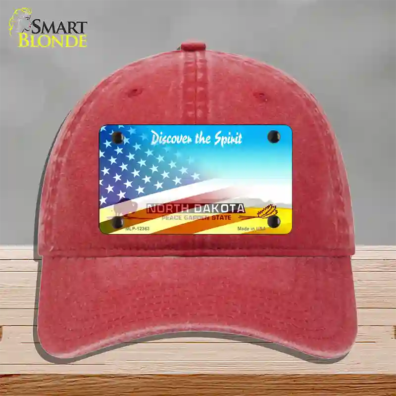 North Dakota with American Flag Novelty License Plate Hat Unconstructed Cotton / Red