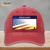 Pennsylvania with American Flag Novelty License Plate Hat Unconstructed Cotton / Red