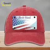 Rhode Island with American Flag Novelty License Plate Hat Unconstructed Cotton / Red