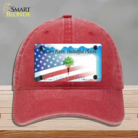 South Carolina with American Flag Novelty License Plate Hat Unconstructed Cotton / Red