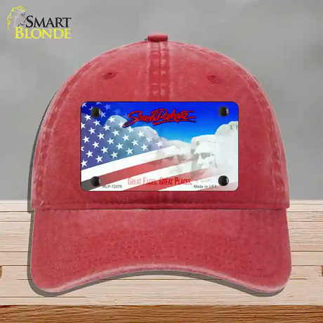 South Dakota with American Flag Novelty License Plate Hat Unconstructed Cotton / Red