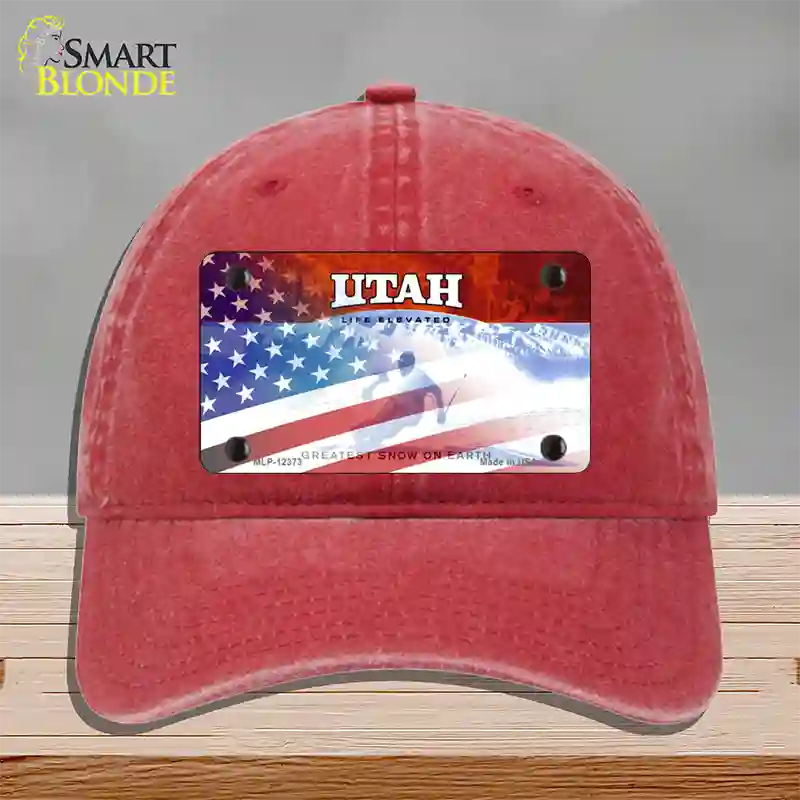 Utah with American Flag Novelty License Plate Hat Unconstructed Cotton / Red