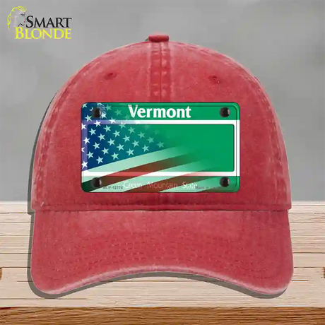 Vermont with American Flag Novelty License Plate Hat Unconstructed Cotton / Red