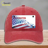 Washington with American Flag Novelty License Plate Hat Unconstructed Cotton / Red