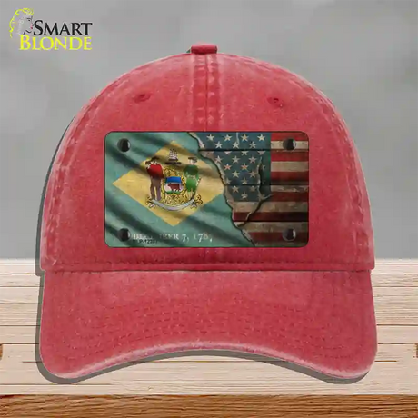 Delaware/American Flag Novelty License Plate Hat Unconstructed Cotton / Red