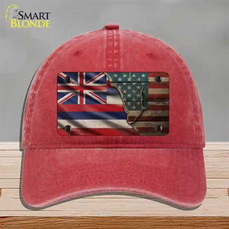 Hawaii/American Flag Novelty License Plate Hat Unconstructed Cotton / Red