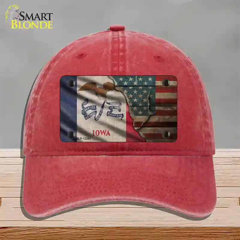 Iowa/American Flag Novelty License Plate Hat Unconstructed Cotton / Red