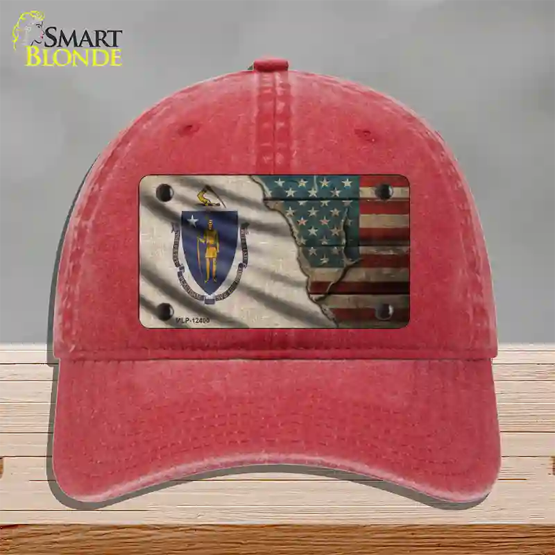 Massachusetts/American Flag Novelty License Plate Hat Unconstructed Cotton / Red