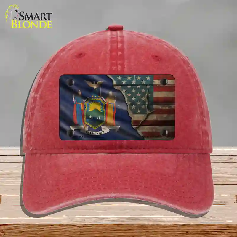 New York/American Flag Novelty License Plate Hat Unconstructed Cotton / Red