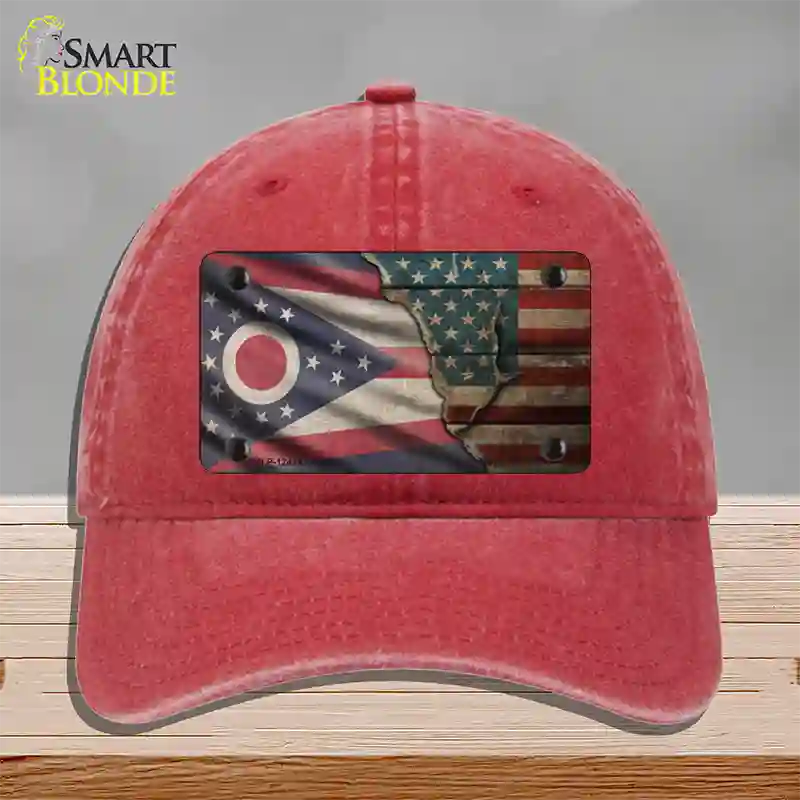 Ohio/American Flag Novelty License Plate Hat Unconstructed Cotton / Red