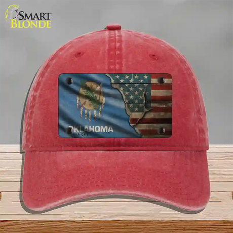 Oklahoma/American Flag Novelty License Plate Hat Unconstructed Cotton / Red