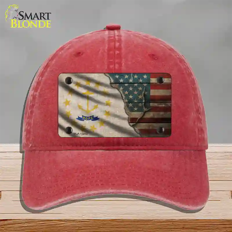 Rhode Island/American Flag Novelty License Plate Hat Unconstructed Cotton / Red