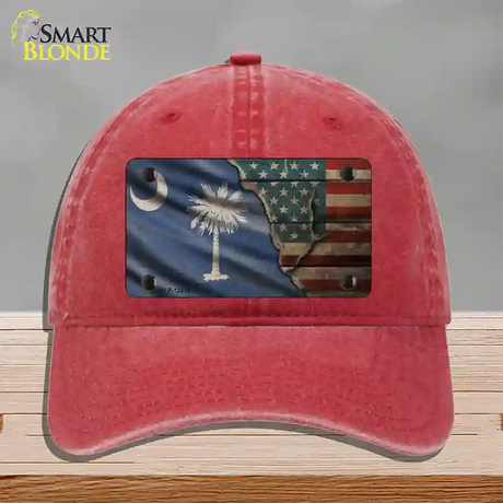 South Carolina/American Flag Novelty License Plate Hat Unconstructed Cotton / Red