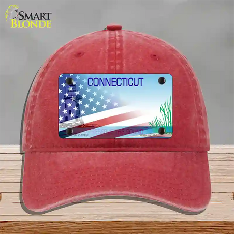 Connecticut Preserve with American Flag Novelty License Plate Hat Unconstructed Cotton / Red