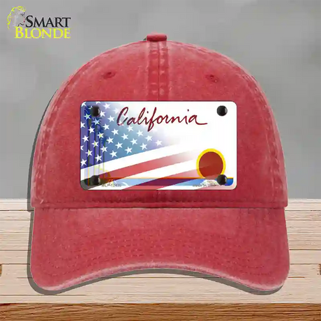 California Palm Plate American Flag Novelty License Plate Hat Unconstructed Cotton / Red