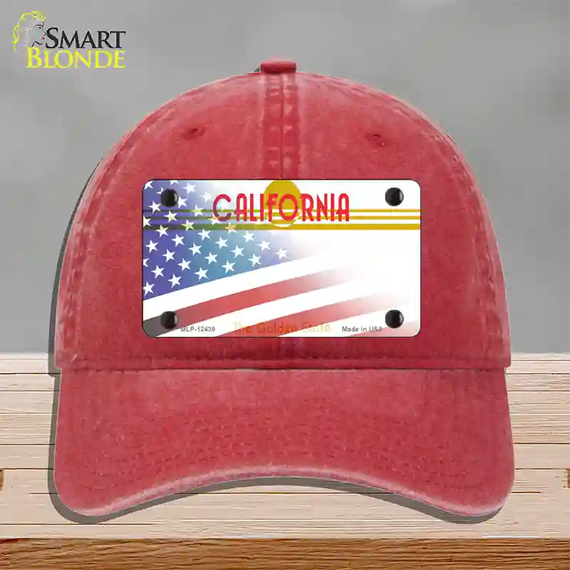 California Golden with American Flag Novelty License Plate Hat Unconstructed Cotton / Red