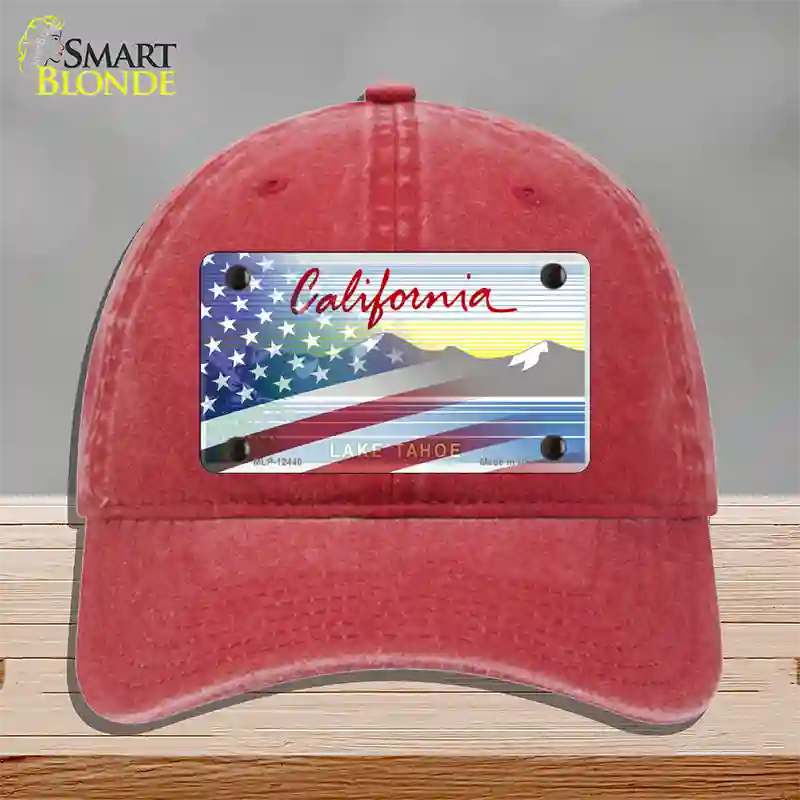 California Tahoe Plate American Flag Novelty License Plate Hat Unconstructed Cotton / Red