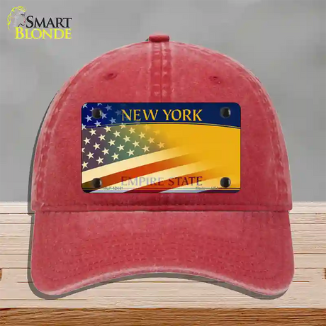 New York Yellow with American Flag Novelty License Plate Hat Unconstructed Cotton / Red