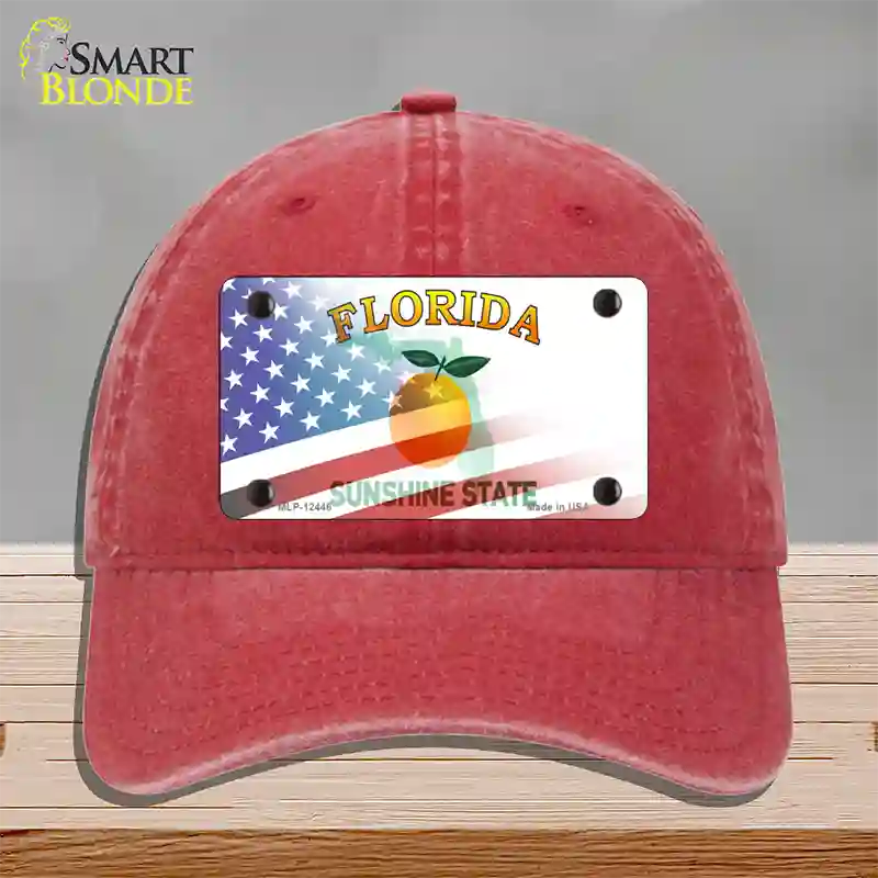 Florida Orange with American Flag Novelty License Plate Hat Unconstructed Cotton / Red