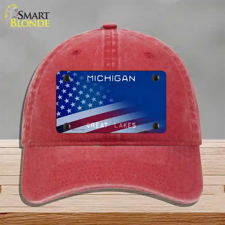 Michigan Great Lakes Plate American Flag Novelty License Plate Hat Unconstructed Cotton / Red