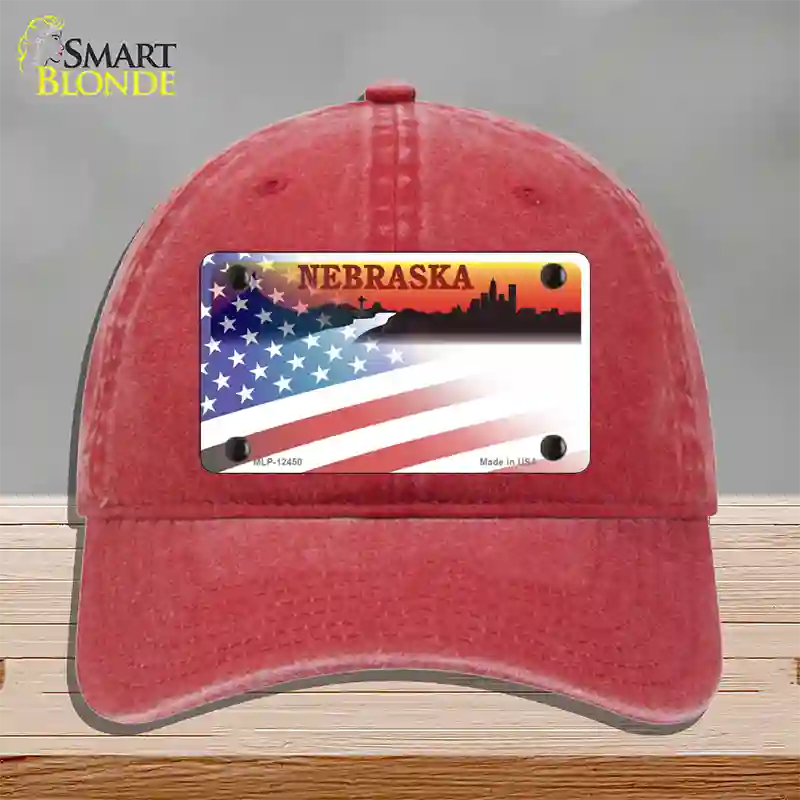 Nebraska Amber with American Flag Novelty License Plate Hat Unconstructed Cotton / Red