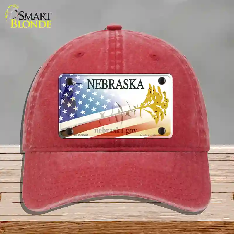 Nebraska Plate American Flag Novelty License Plate Hat Unconstructed Cotton / Red