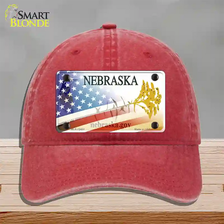 Nebraska Plate American Flag Novelty License Plate Hat Unconstructed Cotton / Red