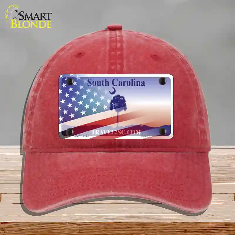 South Carolina Travel Plate American Flag Novelty License Plate Hat Unconstructed Cotton / Red