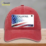 Oklahoma Bow with American Flag Novelty License Plate Hat Unconstructed Cotton / Red