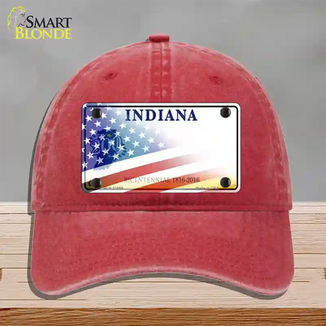 Indiana Bicentennial with American Flag Novelty License Plate Hat Unconstructed Cotton / Red