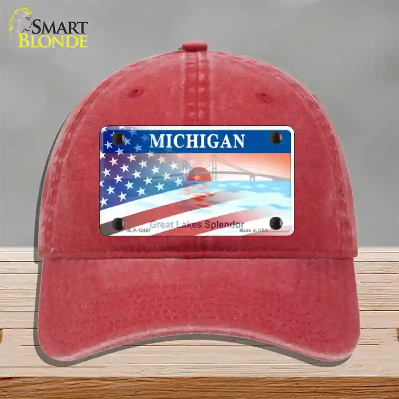 Michigan Splendor with American Flag Novelty License Plate Hat Unconstructed Cotton / Red