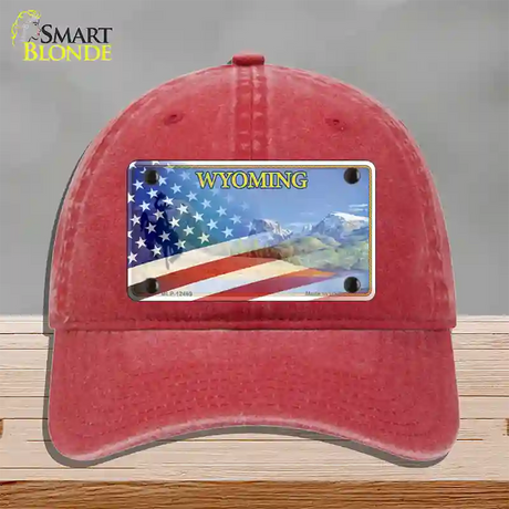 Wyoming State with American Flag Novelty License Plate Hat Unconstructed Cotton / Red