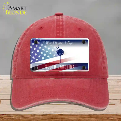 South Carolina Blue with American Flag Novelty License Plate Hat Unconstructed Cotton / Red